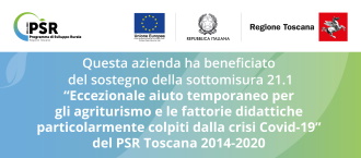 Questa azienda ha beneficato del sostegno della sottomisura 21.1 "Eccezionale aiuto temporaneo per gli agriturismo e le fattorie didattiche particolarmente colpiti dalla crisi Covid-19" del PSR Toscana 2014-2020